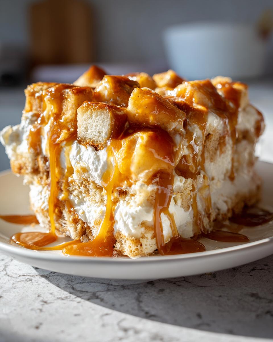 A decadent slice of caramel apple trifle featuring layers of cream, cake cubes, and dripping with rich caramel sauce.