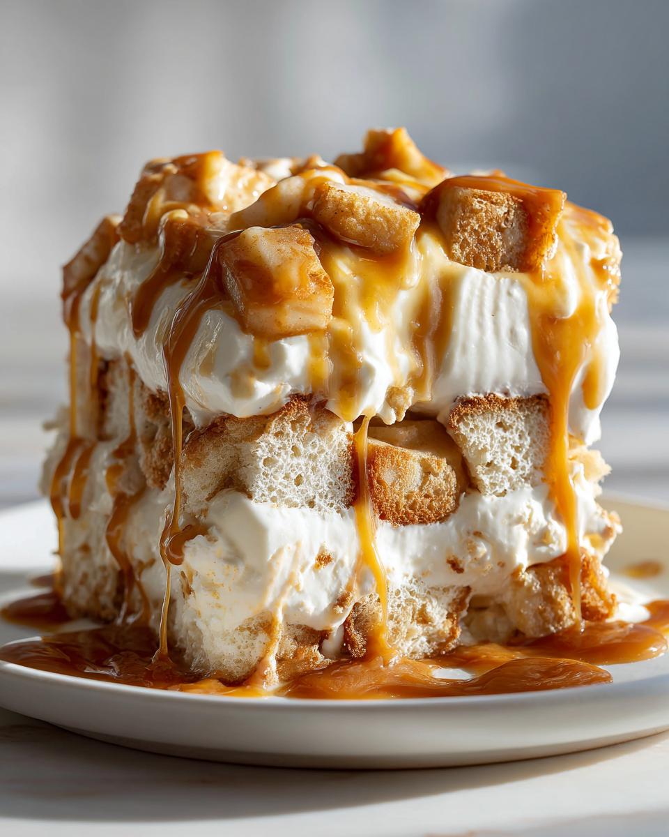 A tall, layered slice of caramel apple trifle featuring cake pieces, whipped cream, and a heavy caramel sauce drizzle.