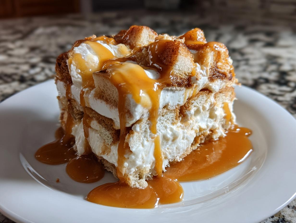 Close-up of a decadent slice of caramel apple trifle layered with cream and cake, generously topped with caramel sauce.