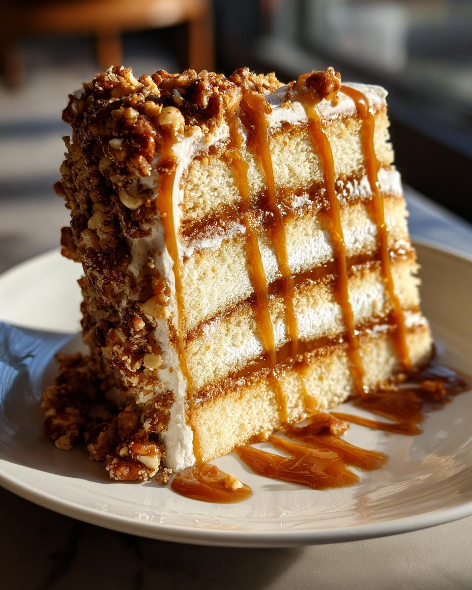 A tall slice of caramel crunch cake featuring multiple layers, topped with nuts and dripping with thick caramel sauce.