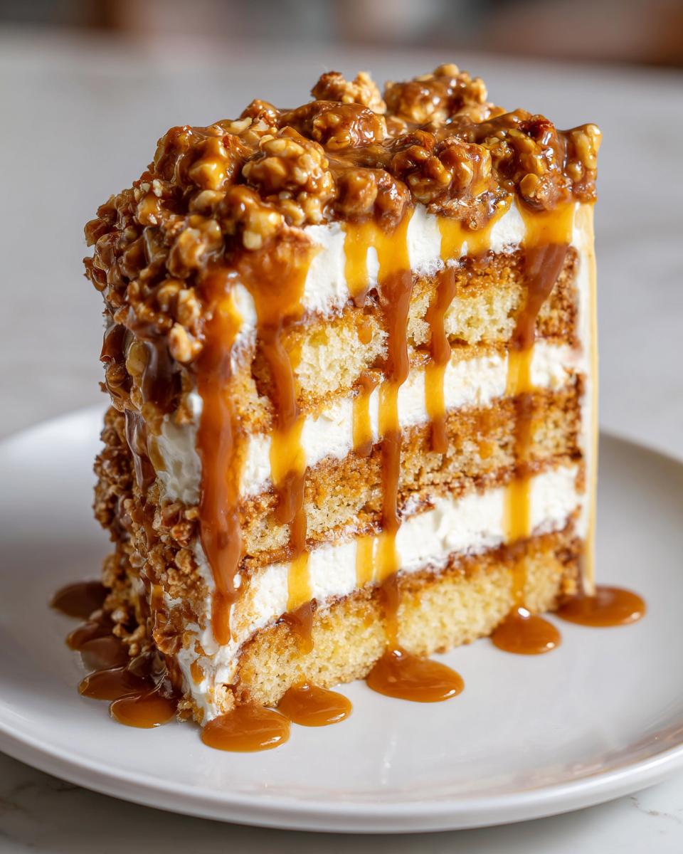 A tall slice of Caramel Crunch Cake featuring layers of sponge, cream, and topped with crunchy caramel nuts and dripping caramel sauce.
