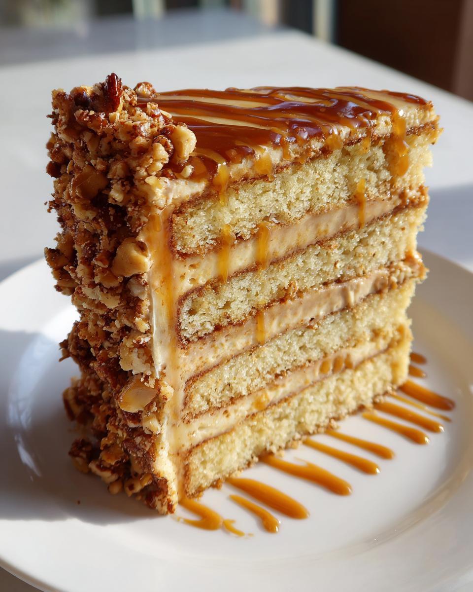 A tall, layered slice of caramel crunch cake featuring sponge layers, creamy filling, and a crunchy nut coating, drizzled with caramel sauce.