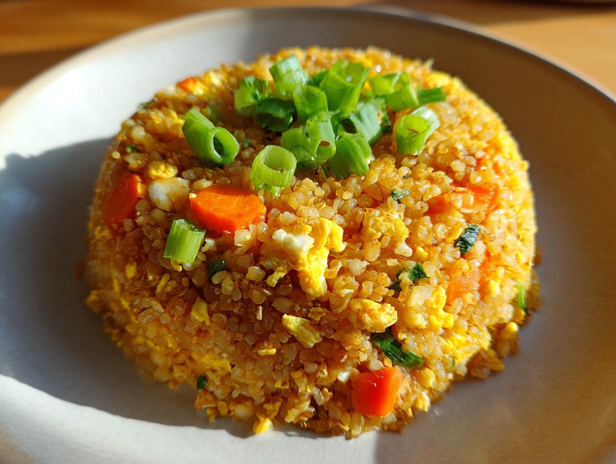 A perfectly molded serving of golden cauliflower fried rice mixed with egg and carrots, topped with fresh green onions.