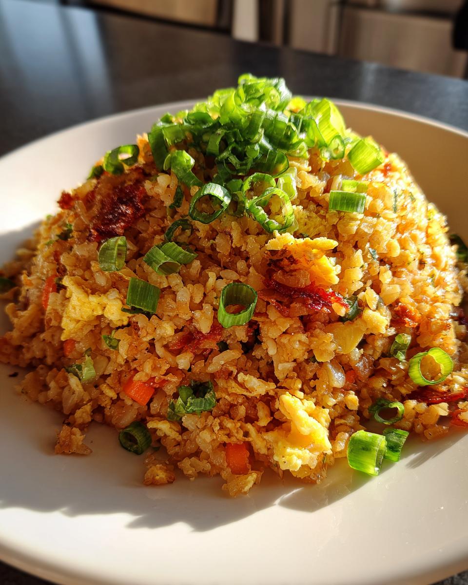 A mound of golden cauliflower fried rice topped generously with bright green sliced scallions.