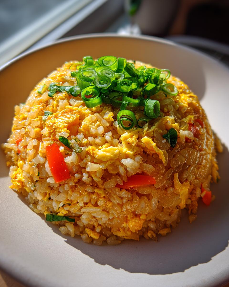A mound of golden cauliflower fried rice mixed with scrambled egg and red peppers, topped generously with fresh green scallions.