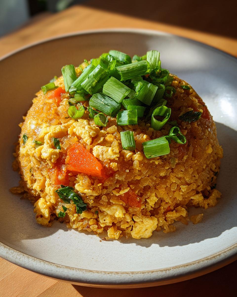 A mound of golden cauliflower fried rice mixed with scrambled egg and carrots, topped generously with fresh chopped green onions.