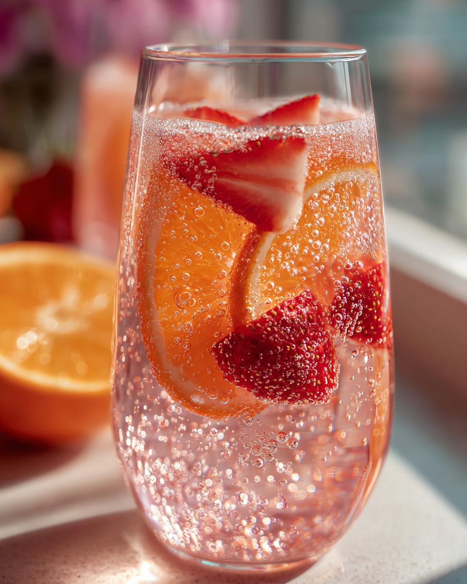 Close-up of a bubbly glass containing champagne punch garnished with fresh orange slices and strawberries.