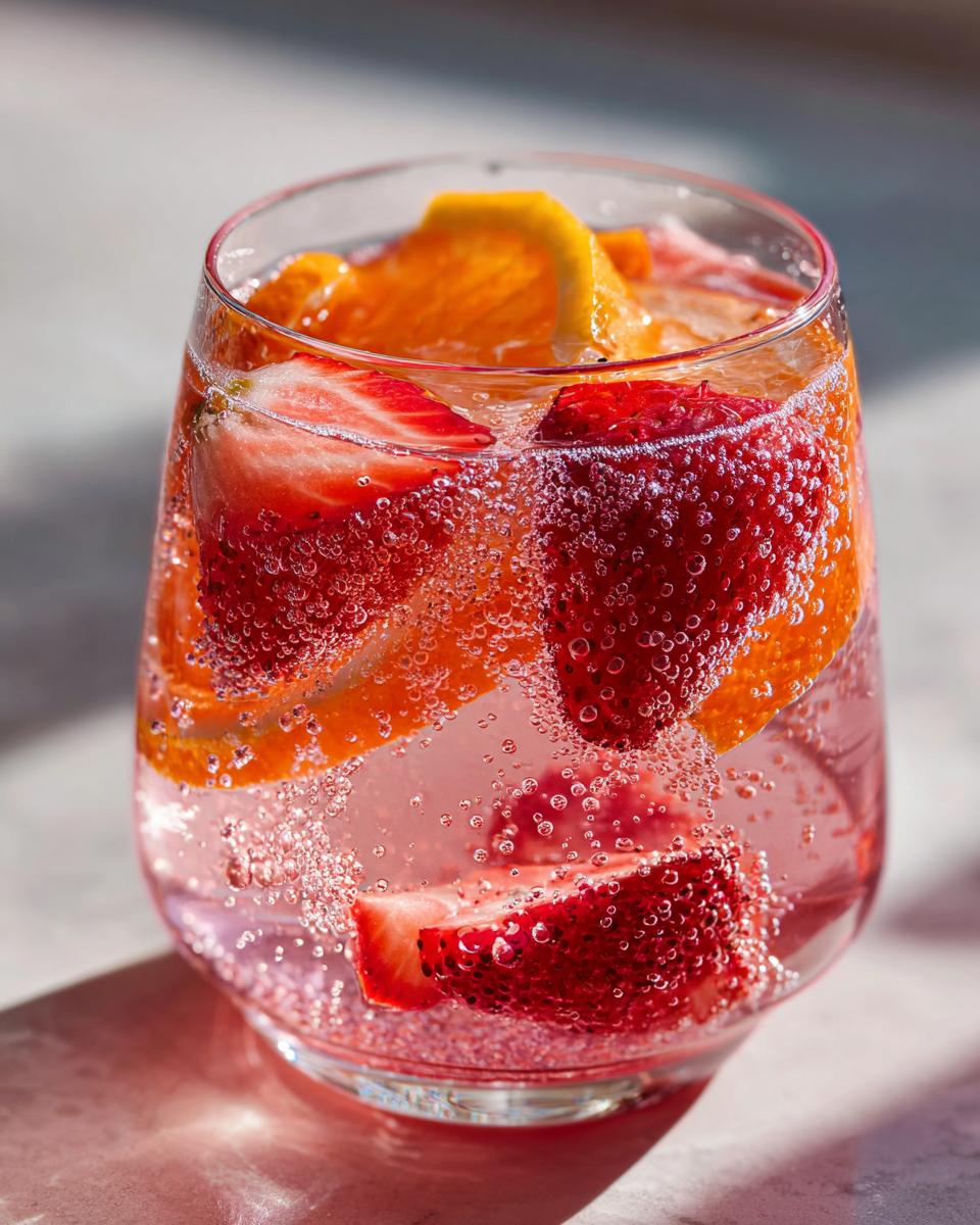 Close-up of a glass filled with bubbling champagne punch, featuring bright red strawberries and orange slices.