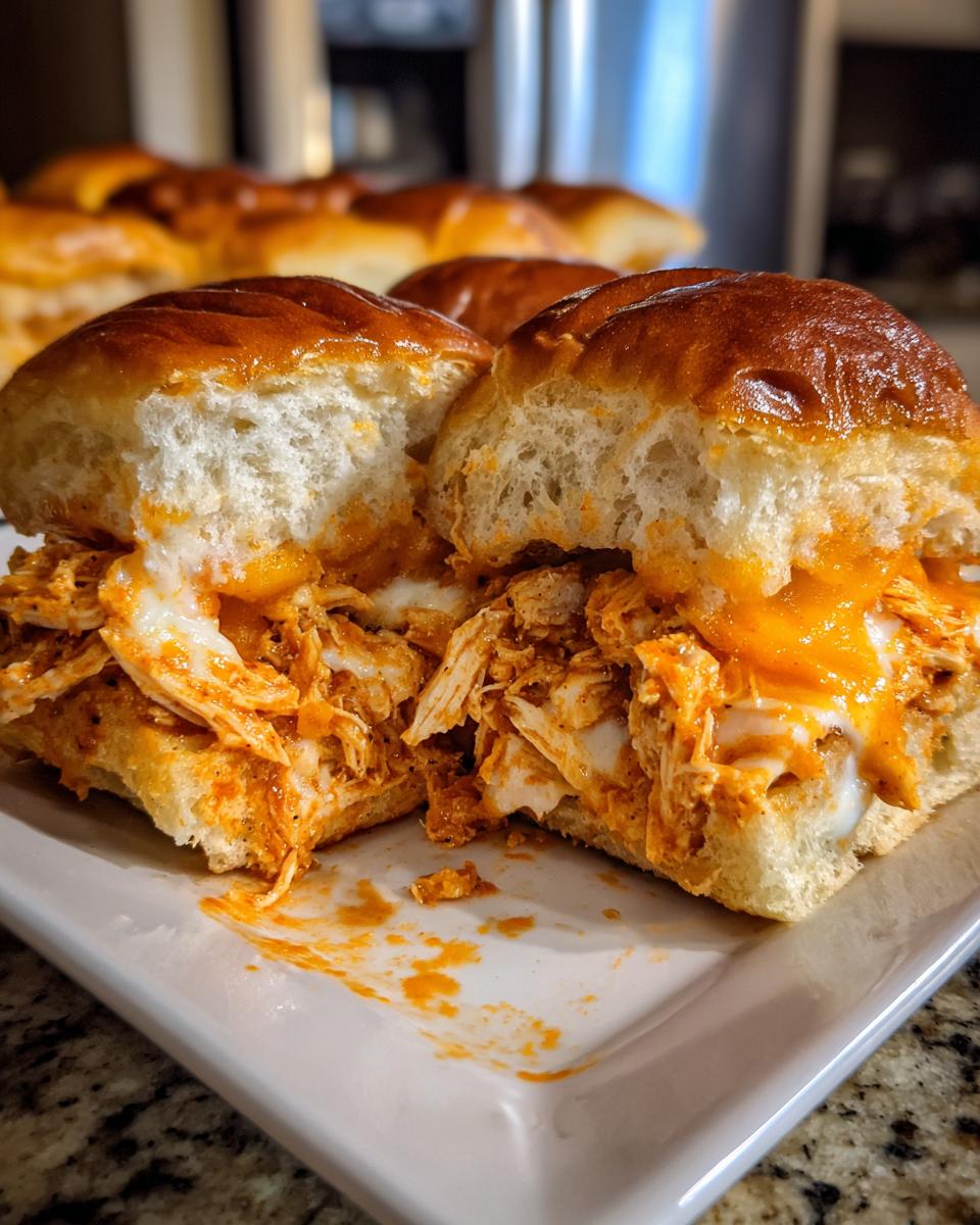 A close-up view of buffalo chicken sliders cut in half, showing shredded chicken mixed with melted cheese and orange buffalo sauce on soft rolls.