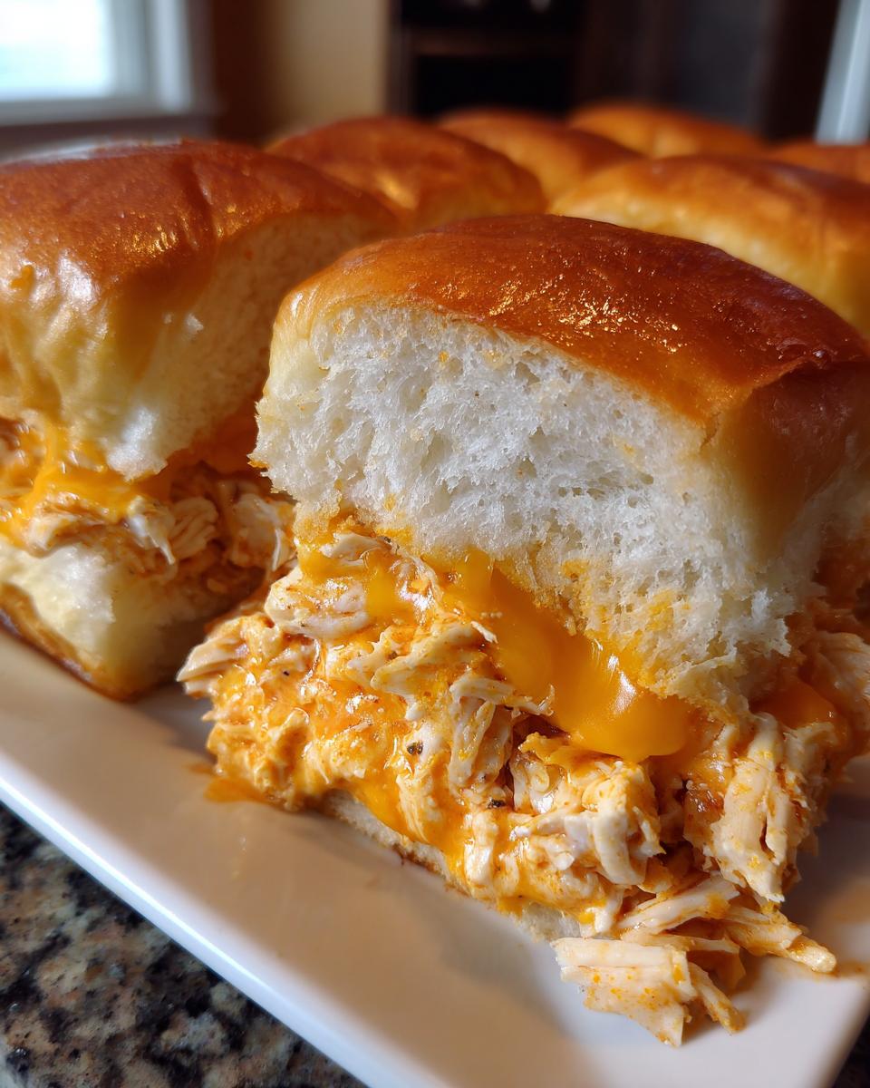 Close-up of a halved buffalo chicken sliders revealing shredded chicken mixed with orange sauce and melted cheddar cheese inside soft rolls.