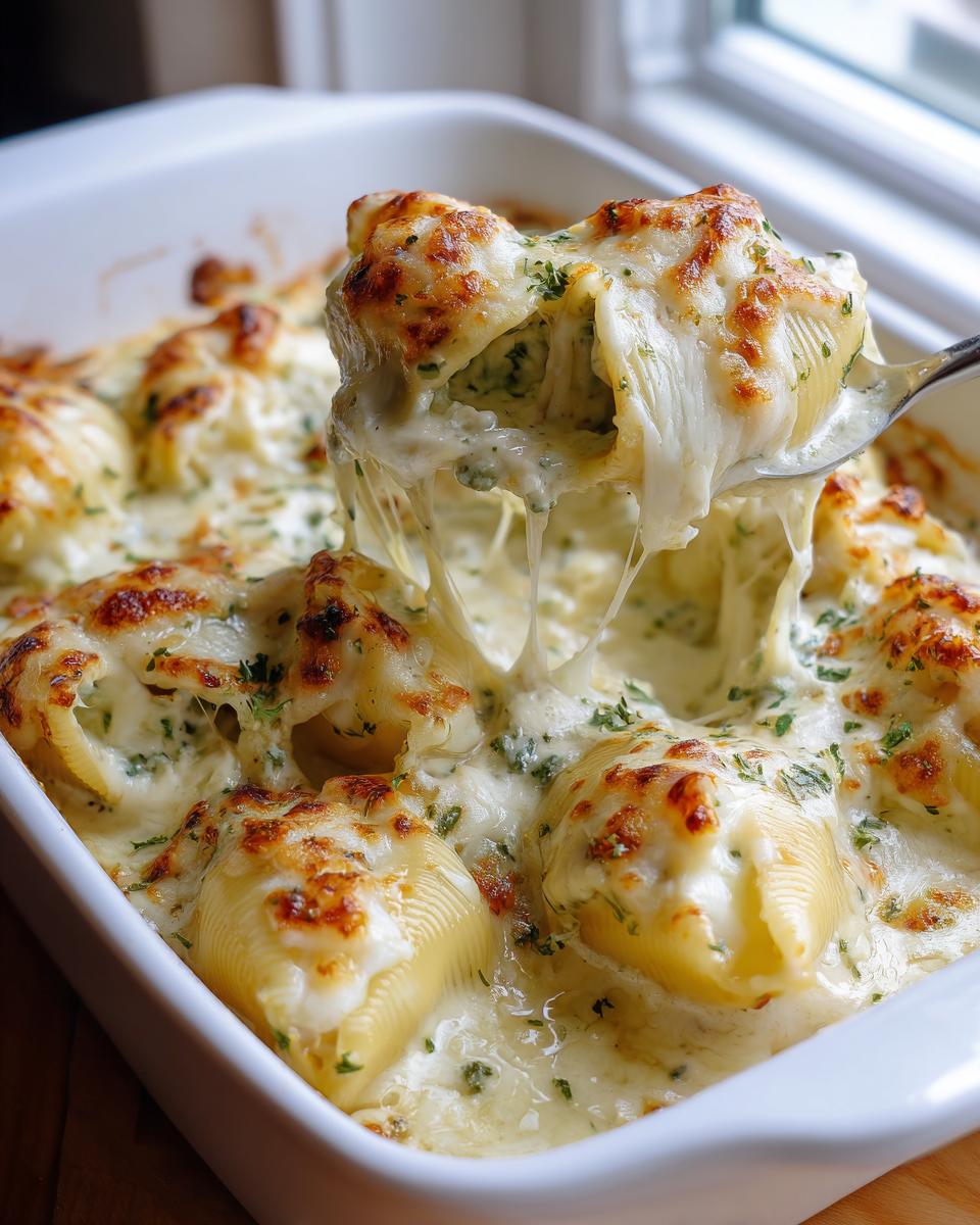 A spoonful of cheesy chicken alfredo stuffed shells showing a dramatic cheese pull over the baking dish.