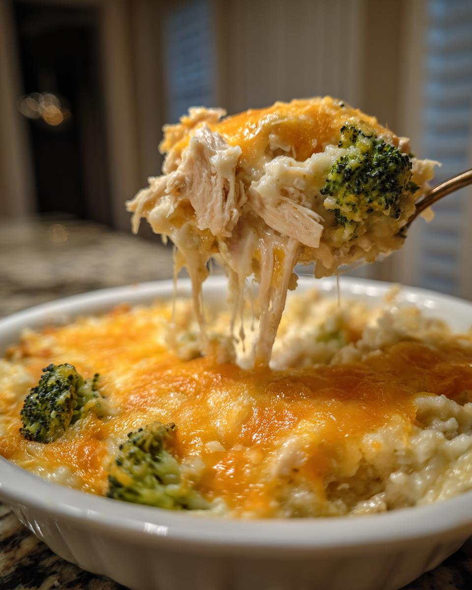 A spoonful of cheesy chicken cauliflower rice casserole showing melted cheese pulls and shredded chicken.