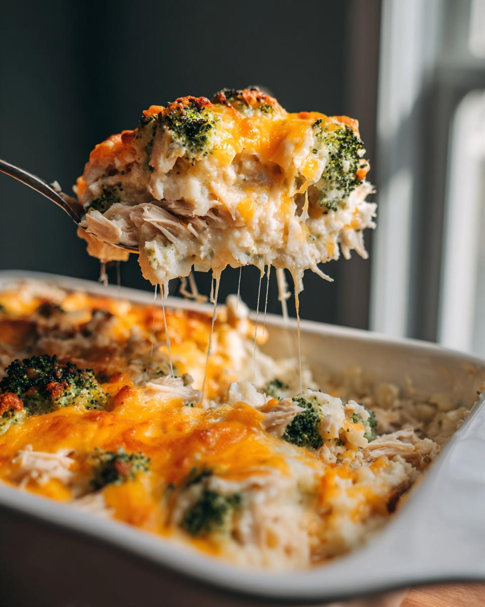A spoonful of creamy chicken cauliflower rice casserole being lifted, showing melted cheese strings stretching back to the baking dish.