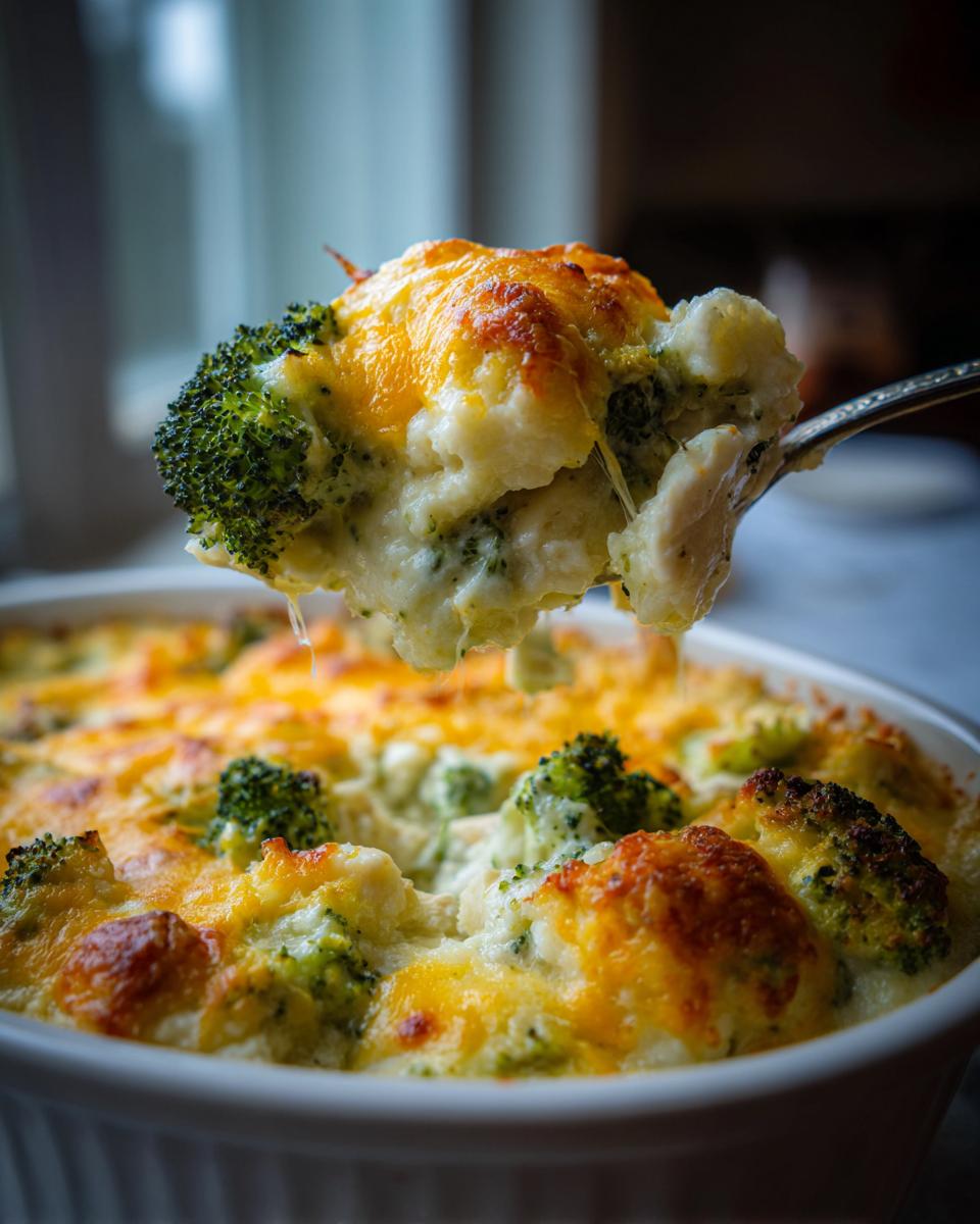 A spoonful of creamy chicken cauliflower rice casserole topped with melted, browned cheese being lifted from the baking dish.