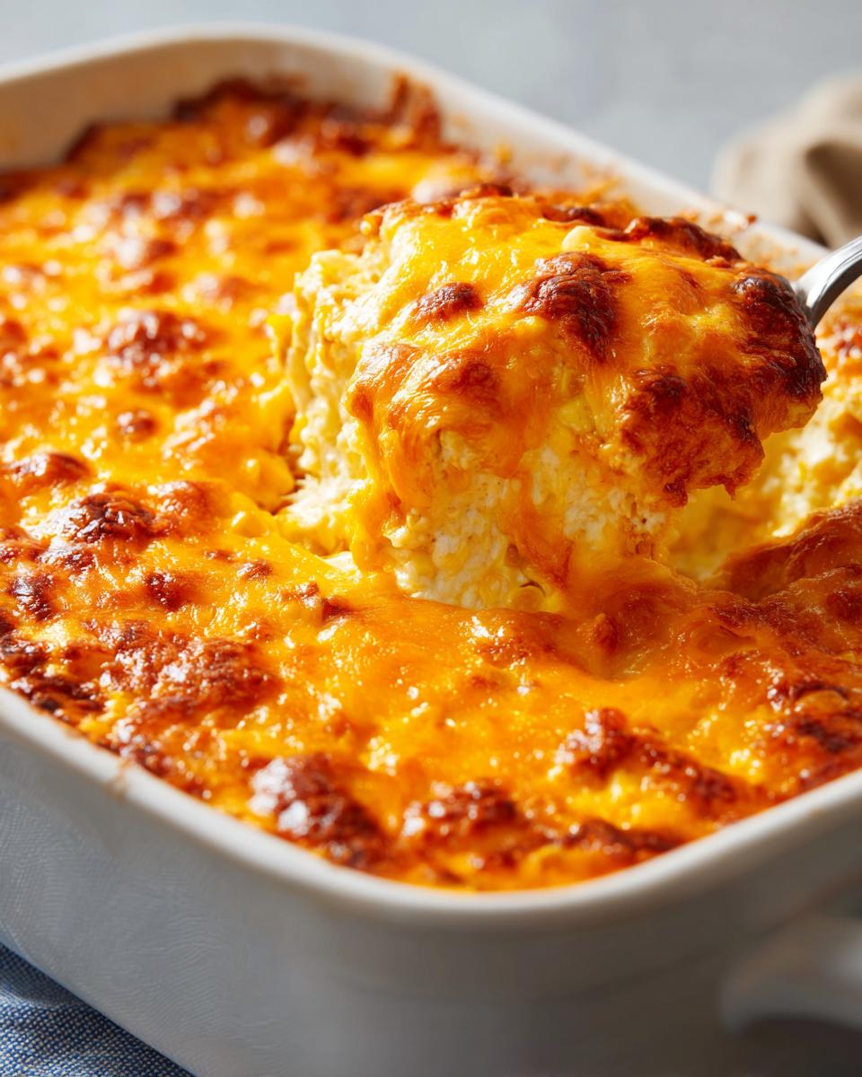A spoonful of hot, cheesy corn dip being lifted from a white baking dish, showing a bubbly, browned cheese topping.