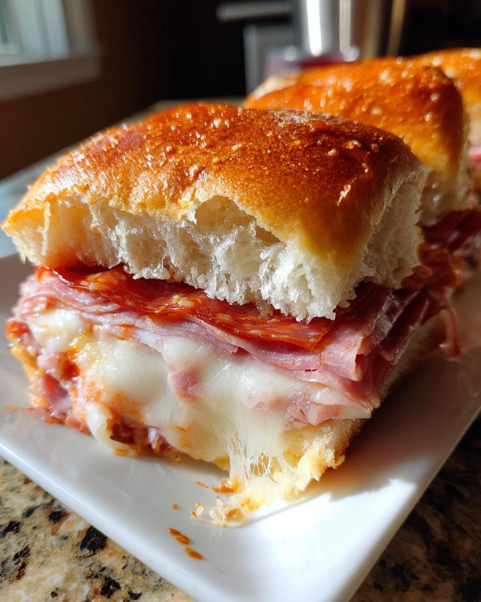 A close-up of a delicious grinder slider showing melted, stringy cheese, pepperoni, and ham on a soft roll.