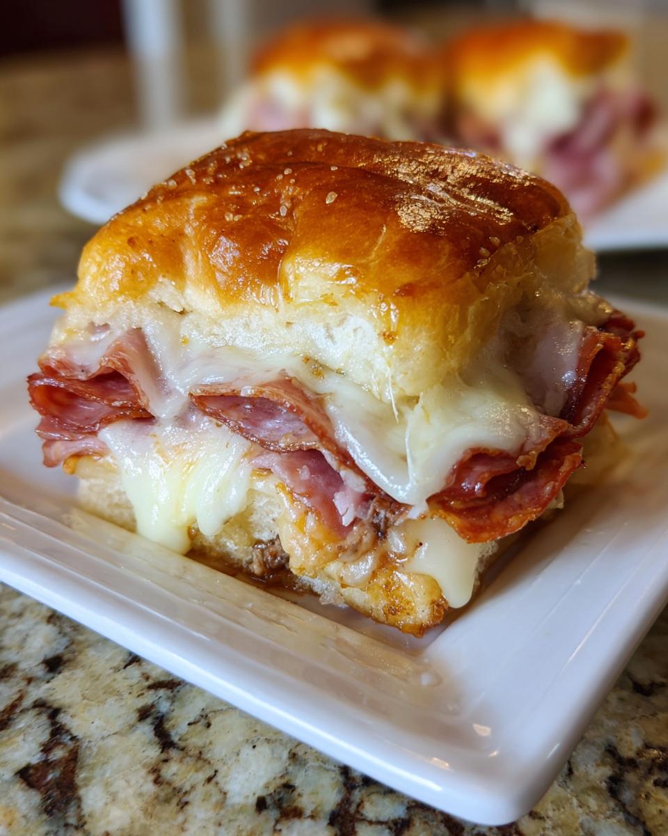A close-up view of a single, hot, cheesy grinder slider featuring layers of cured meats and melted cheese on a shiny, toasted roll.