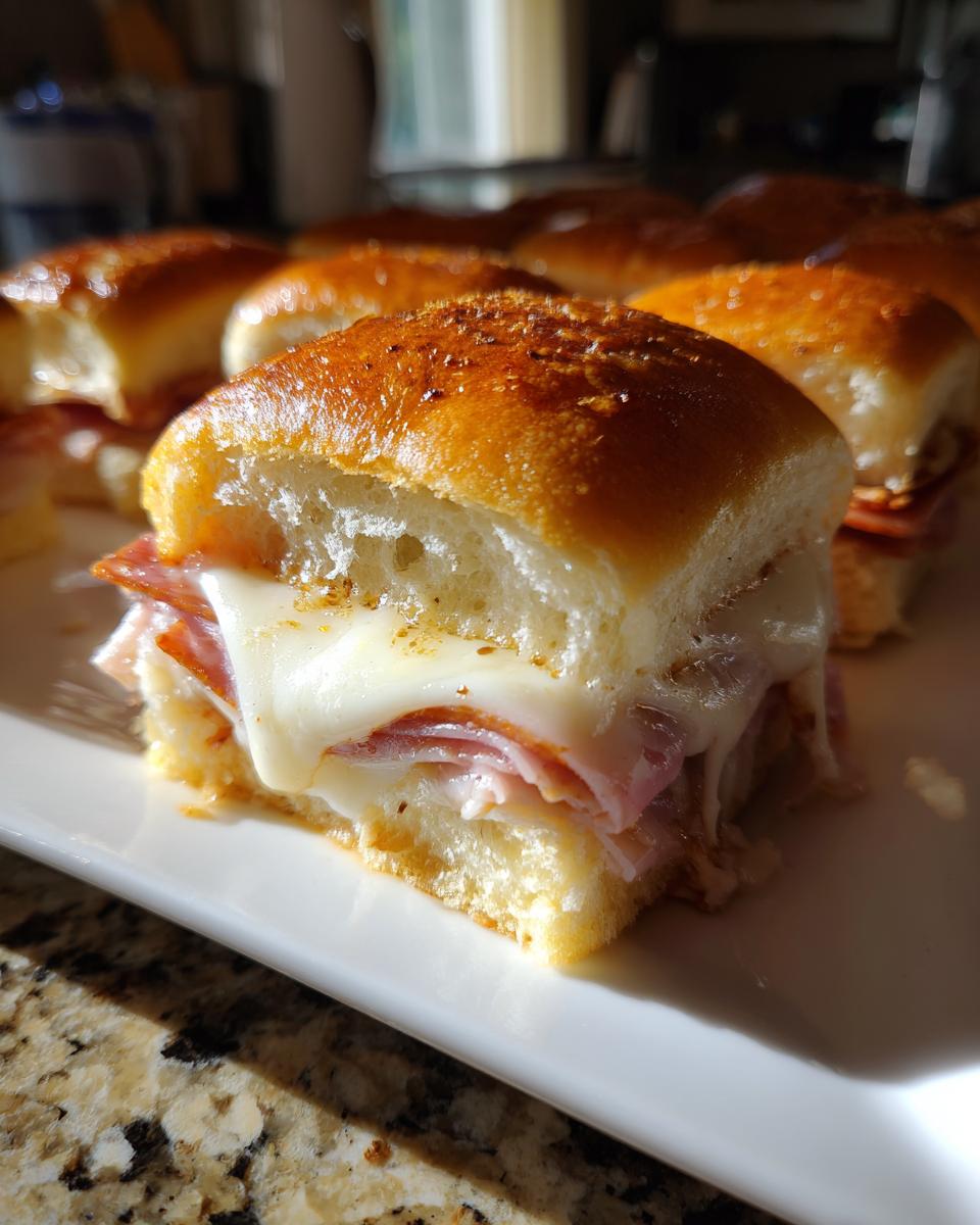 A close-up of one of the amazing grinder sliders, showing melted white cheese over ham inside a soft, toasted roll.