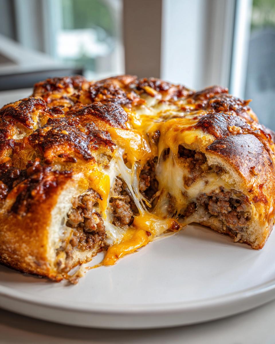 A piece of baked garbage bread pulled open to show a gooey, melted cheese pull and savory meat filling.