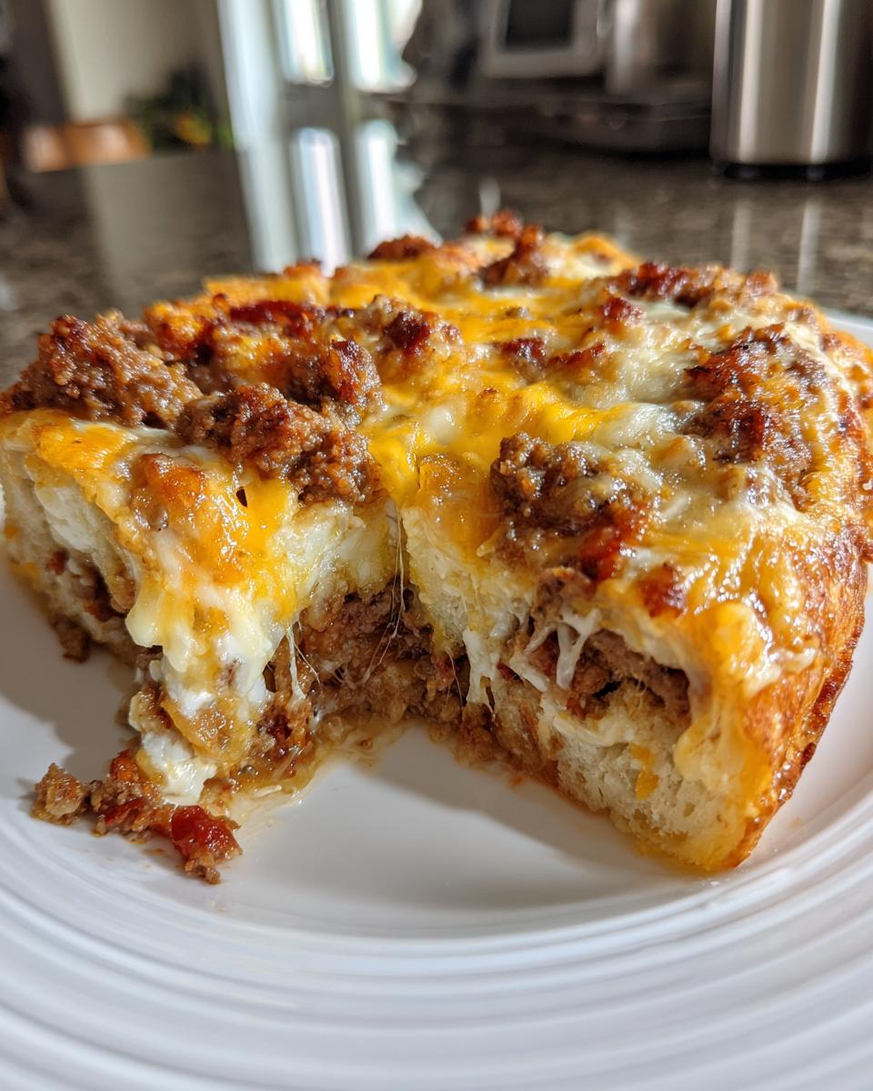 A cross-section view of baked garbage bread showing layers of dough filled with seasoned meat and melted mozzarella and cheddar cheese.