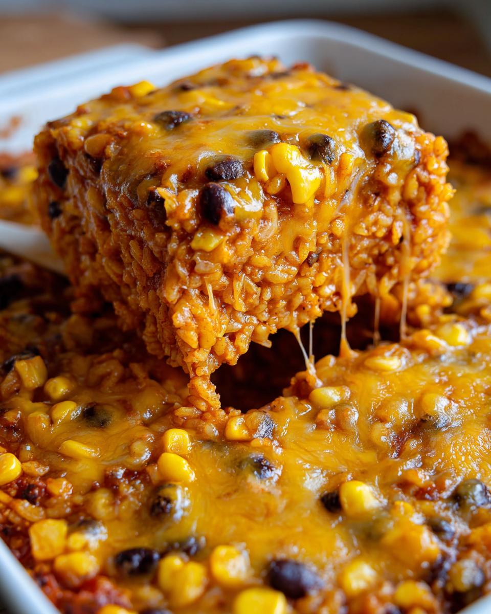 A scoop of cheesy Mexican rice casserole, featuring rice, black beans, and corn, being lifted from the baking dish.