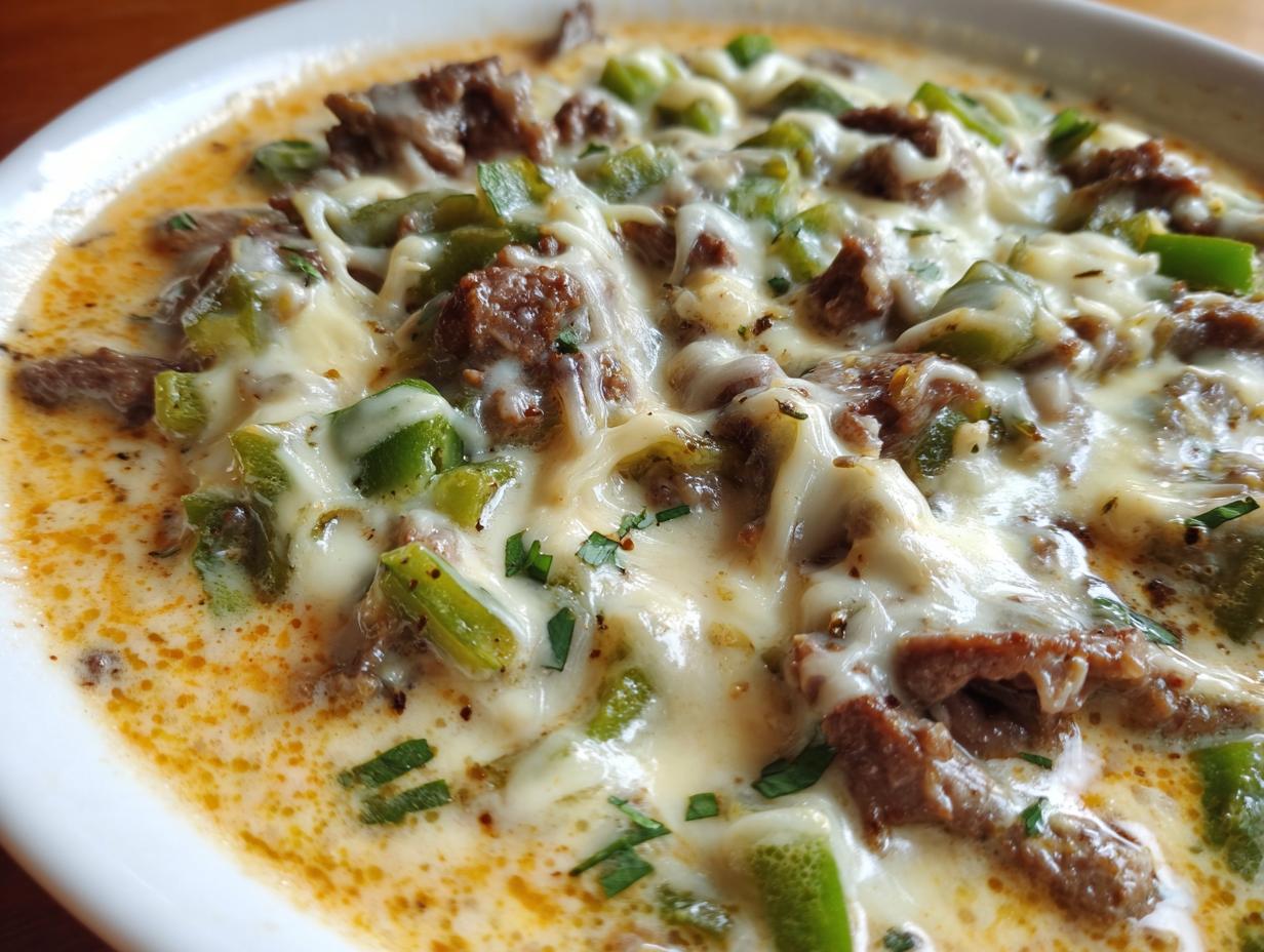A close-up view of rich, creamy philly cheese steak soup topped with melted white cheese, sliced green peppers, and beef.