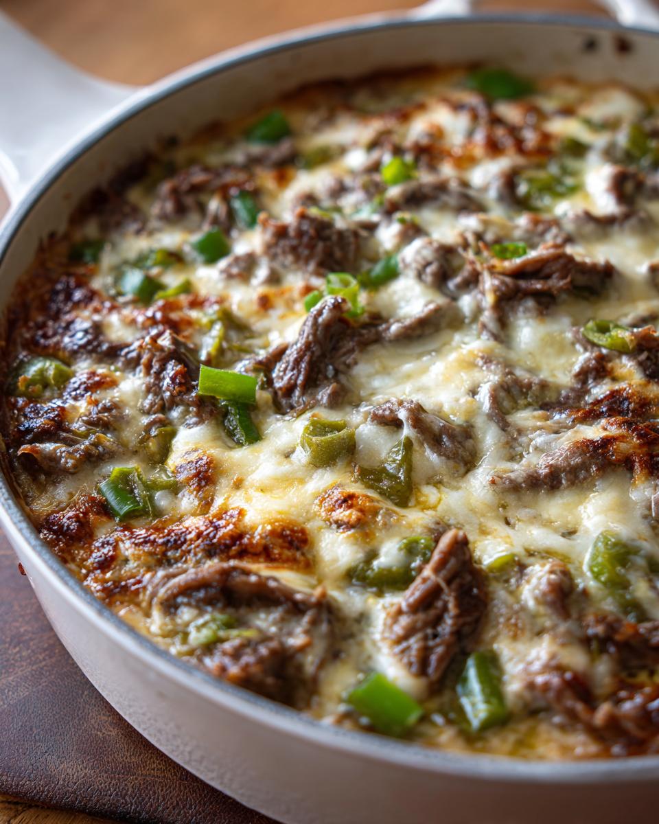 Close-up of baked, cheesy topping on philly cheese steak soup with steak and green peppers in a white skillet.