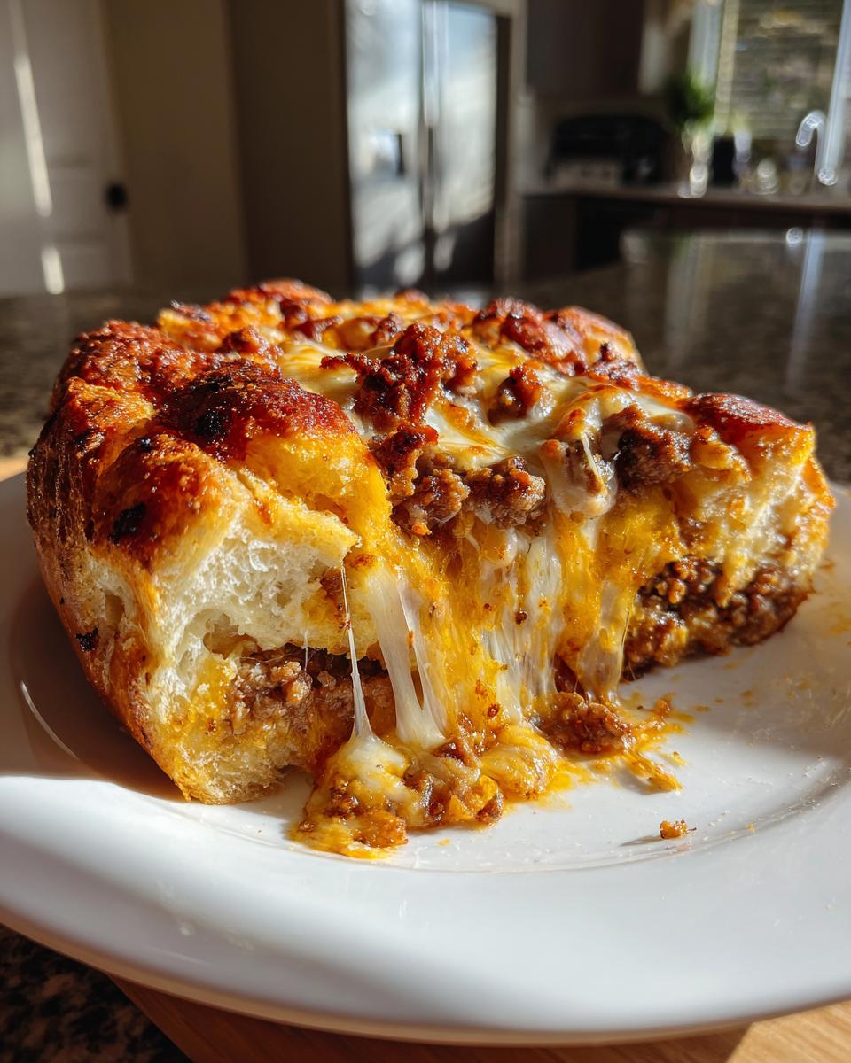 Close-up of a slice of gooey, cheesy garbage bread being pulled apart, showing melted cheese strings and savory filling.
