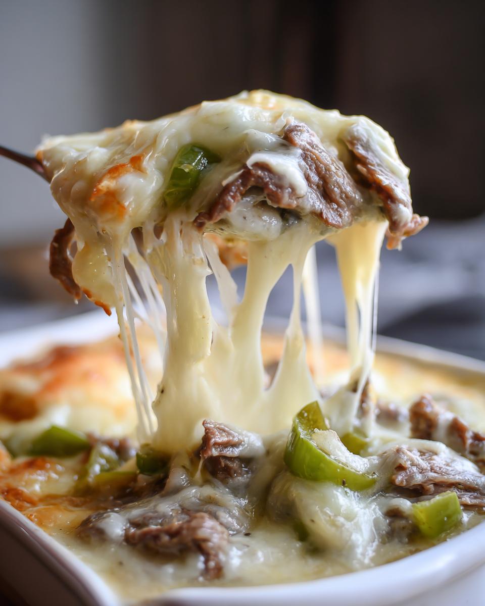 A spoonful of rich philly cheese steak soup showing melted, stringy cheese stretching between the spoon and the bowl.