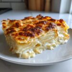 A close-up serving of cheesy scalloped potatoes showing layers of tender potatoes and creamy sauce with a perfectly browned, bubbly top.