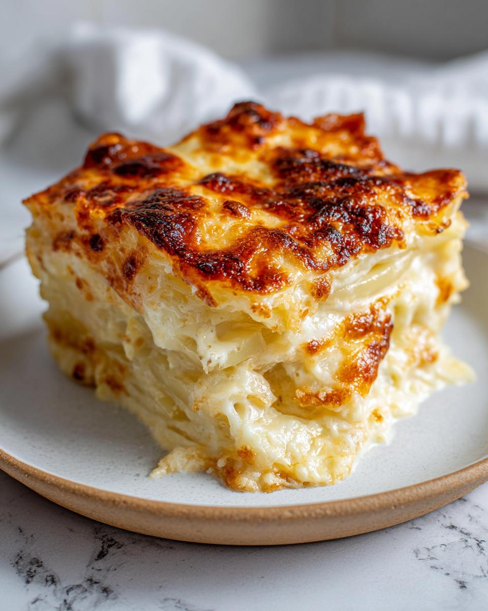 A rich, layered slice of cheesy scalloped potatoes with a perfectly browned, bubbly top.