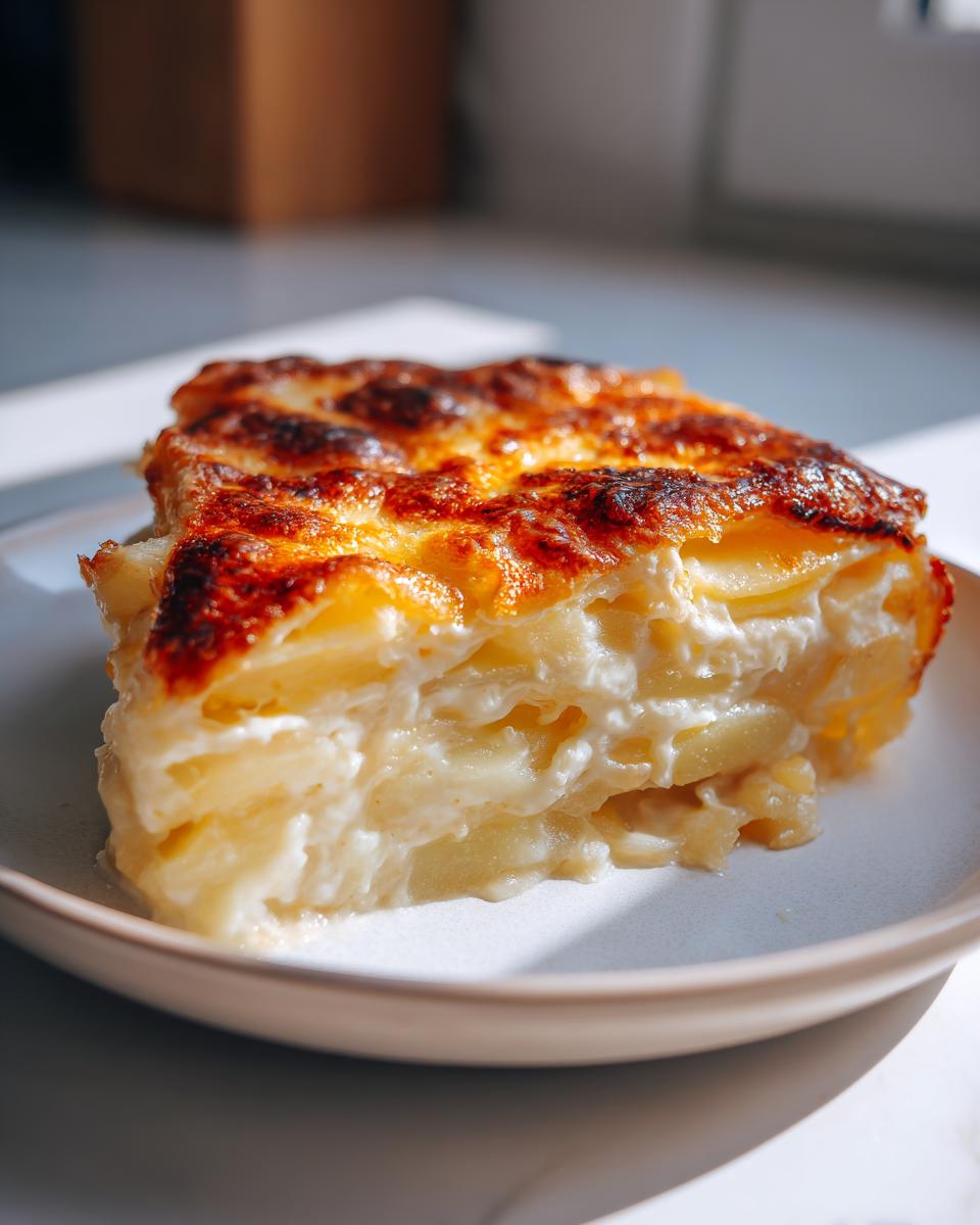 Close-up of a perfectly baked slice of cheesy scalloped potatoes showing layers of tender potatoes and creamy sauce.