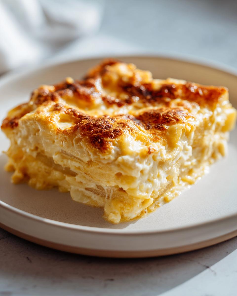 A close-up of a rich, cheesy slice of scalloped potatoes featuring layers of thinly sliced potatoes and a golden-brown, bubbly top.