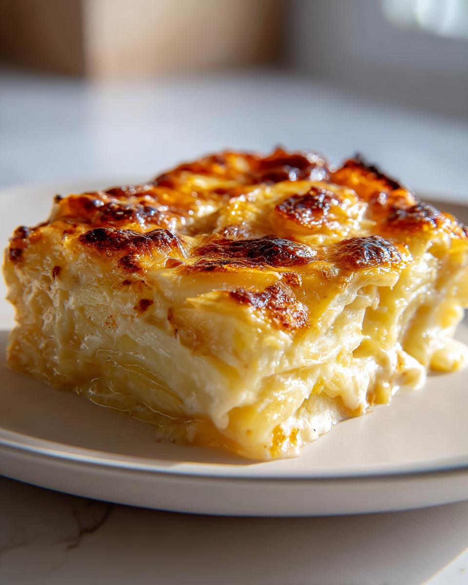 A close-up of a square slice of cheesy scalloped potatoes with a beautifully browned and bubbly top, served on a white plate.