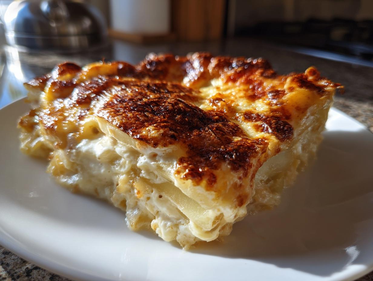 A close-up, featured shot of a hearty slice of cheesy scalloped potatoes with a beautifully browned, crispy top.