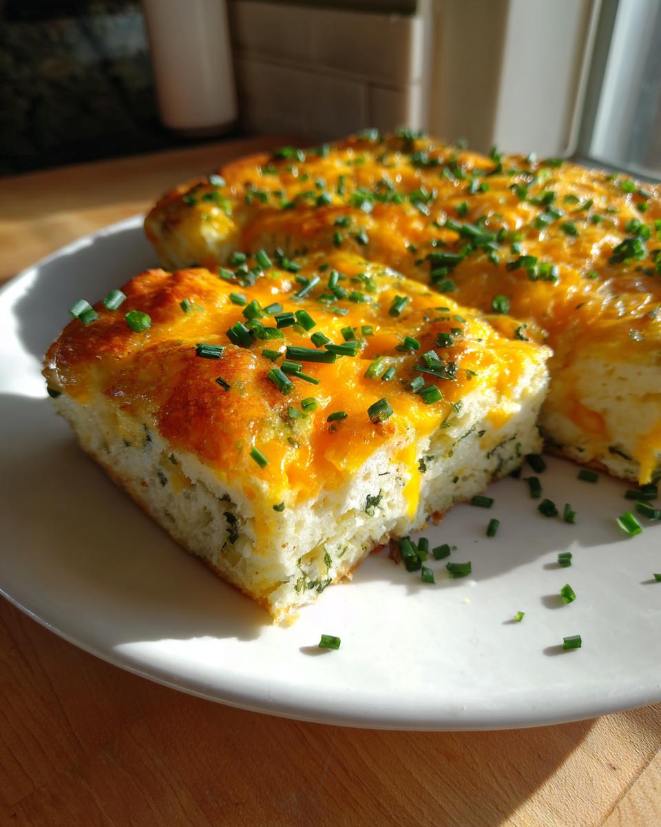 A square slice of baked sheet pan eggs, topped with melted cheddar cheese and fresh chives, served on a white plate.
