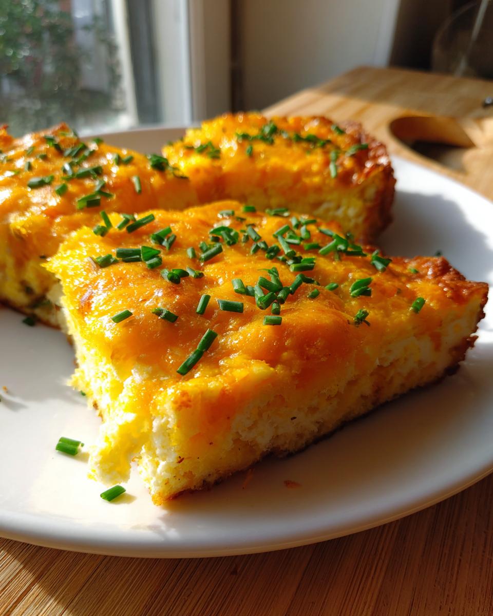 Three slices of baked sheet pan eggs topped with melted cheddar cheese and fresh chives on a white plate.