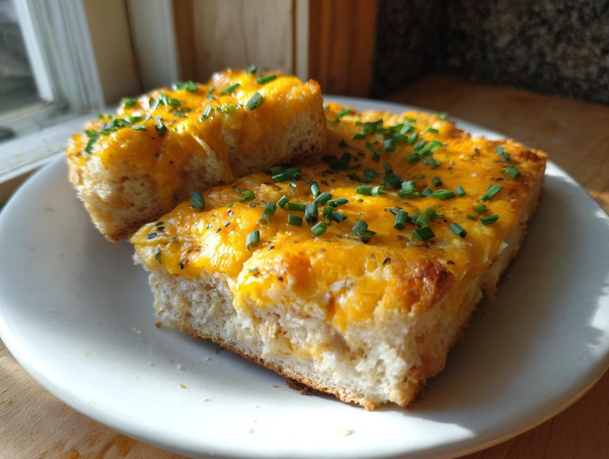 Two squares of cheesy sheet pan eggs topped with melted cheddar and fresh chives on a white plate.