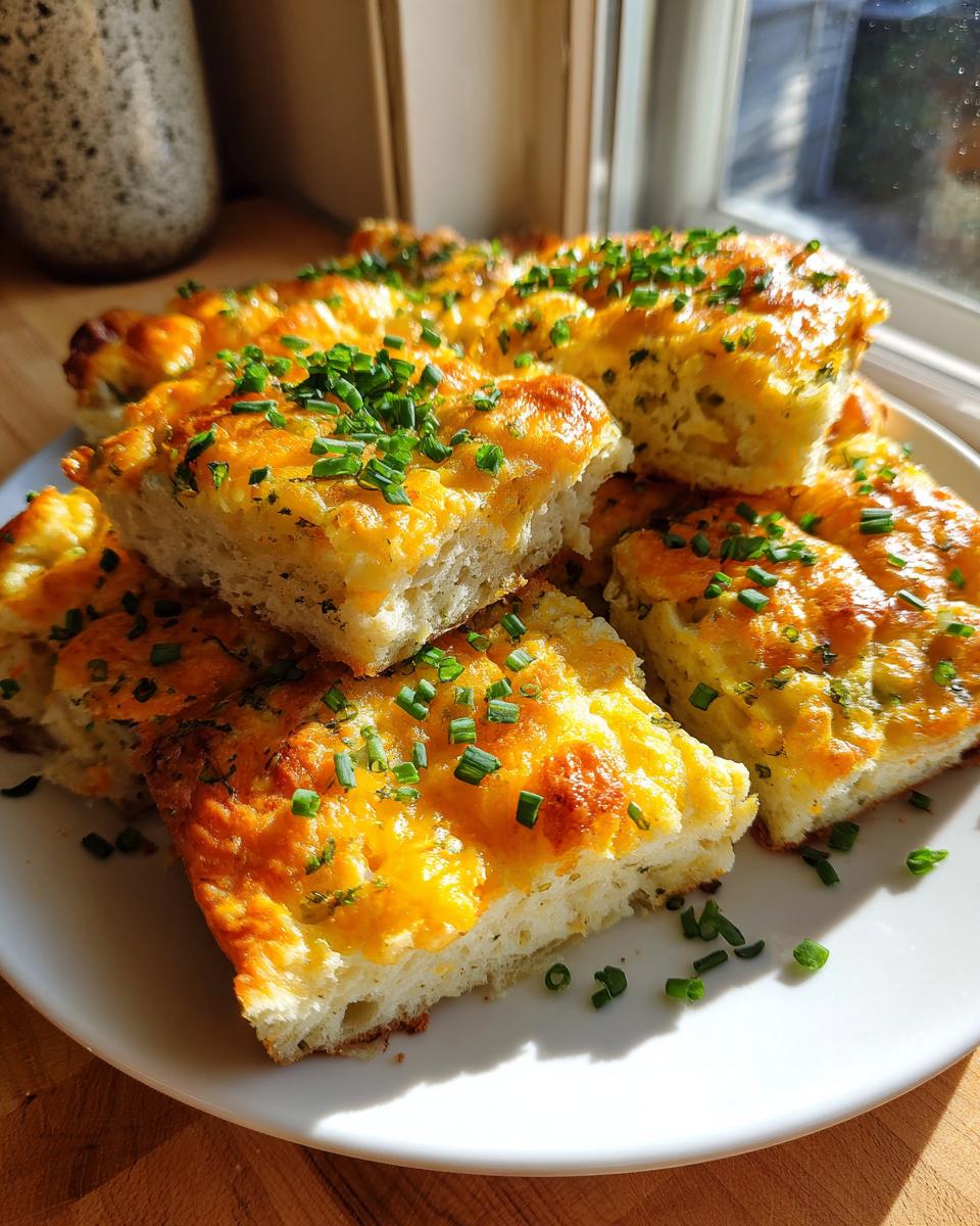 Close-up of cheesy, savory squares topped with fresh chives, likely made with sheet pan eggs.