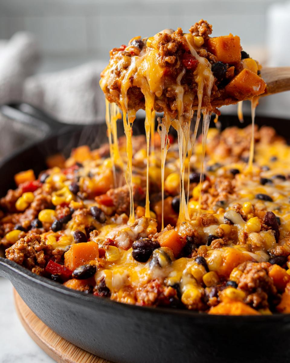 A spoonful of cheesy sweet potato skillet mixture being lifted from a cast-iron pan, showing long cheese pulls.