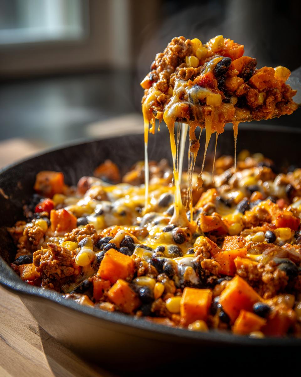 A spoonful of hot, cheesy sweet potato skillet being lifted from the pan, showing melted cheese strings.
