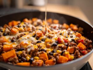Close-up of a hot sweet potato skillet topped with melted cheese being stretched as it's lifted.