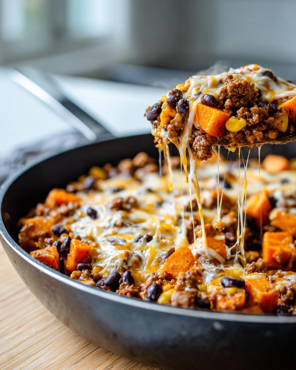 A spoonful of cheesy sweet potato skillet mixture being lifted from the pan, showing melted cheese stretching.