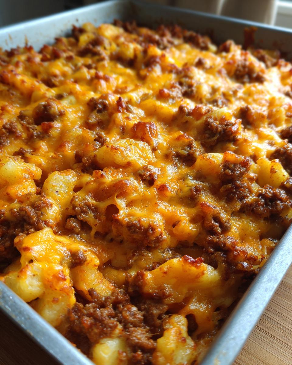 Close-up shot of a baked pan filled with Cheesy Taco Potatoes, showing melted cheddar cheese over seasoned ground meat and potatoes.