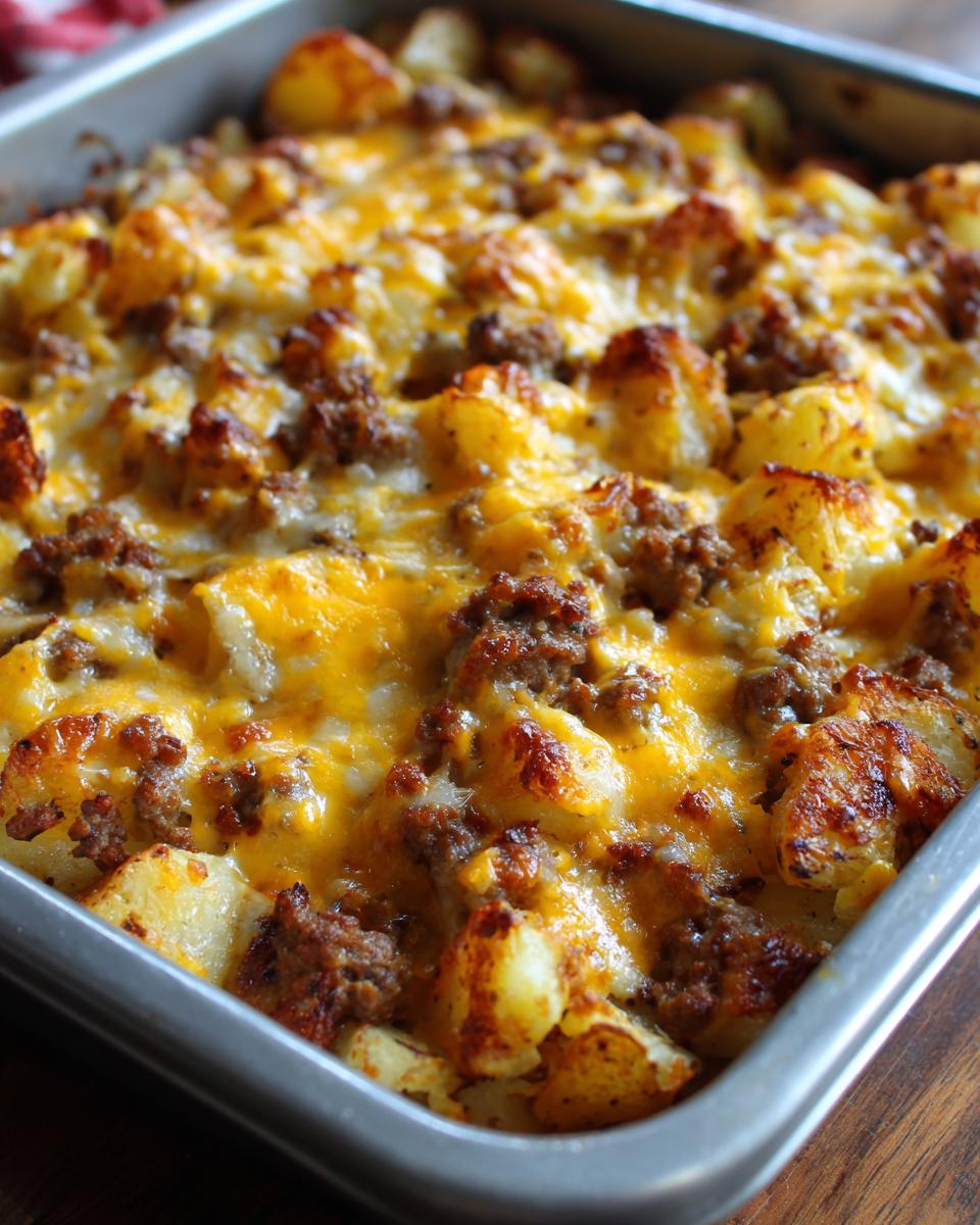 Close-up of baked Cheesy Taco Potatoes topped with melted cheddar and seasoned ground meat in a metal baking pan.