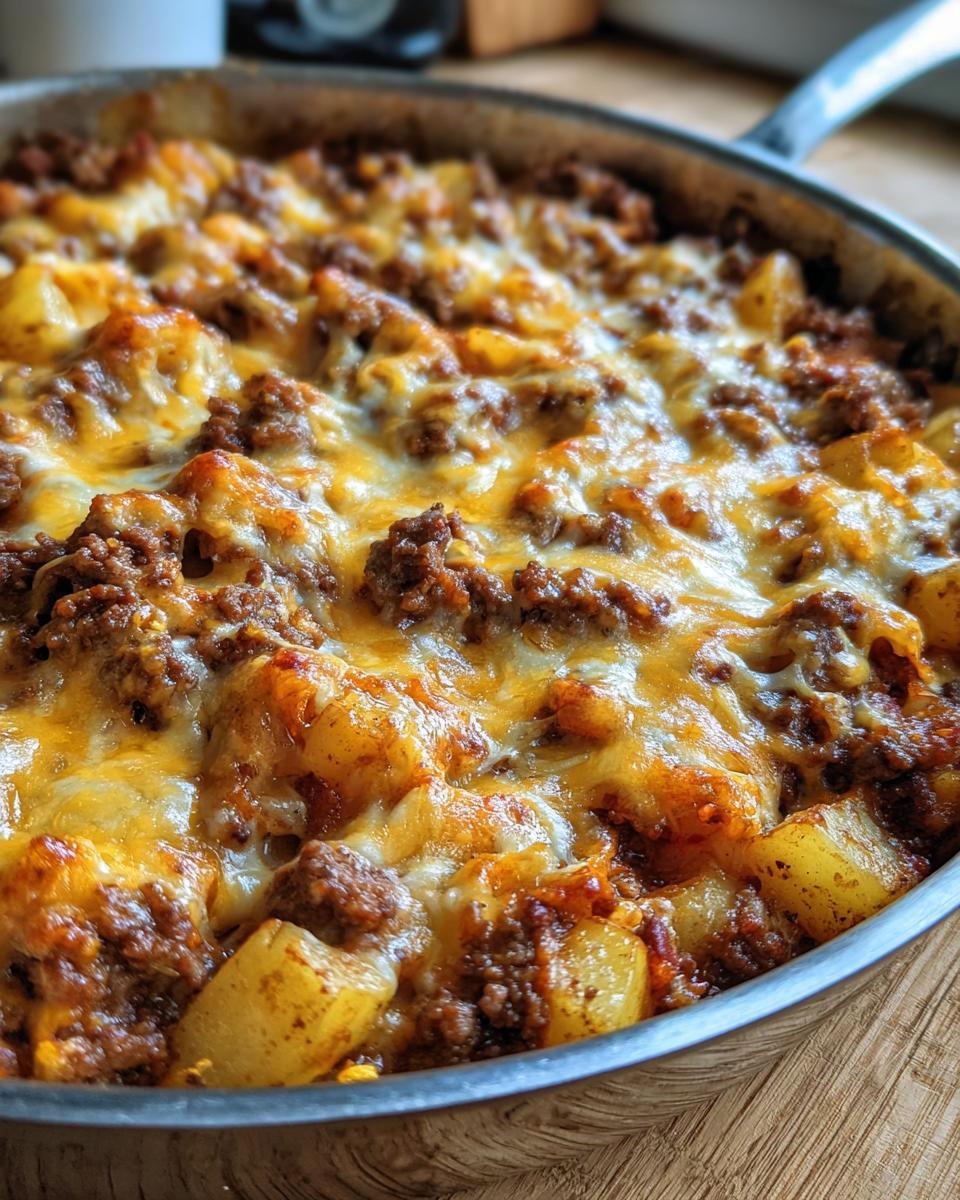 Close-up of Cheesy Taco Potatoes baked in a skillet, featuring seasoned ground beef and melted cheddar cheese over potato chunks.