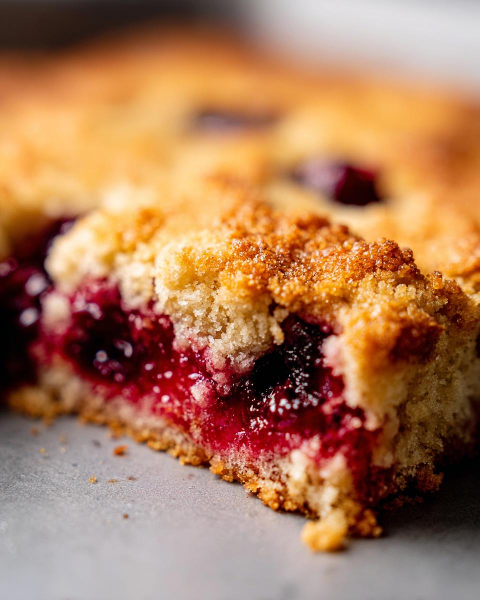 Close-up macro shot of a slice of warm cherry dump cake showing the bright red, juicy cherry filling and golden, crumbly topping.