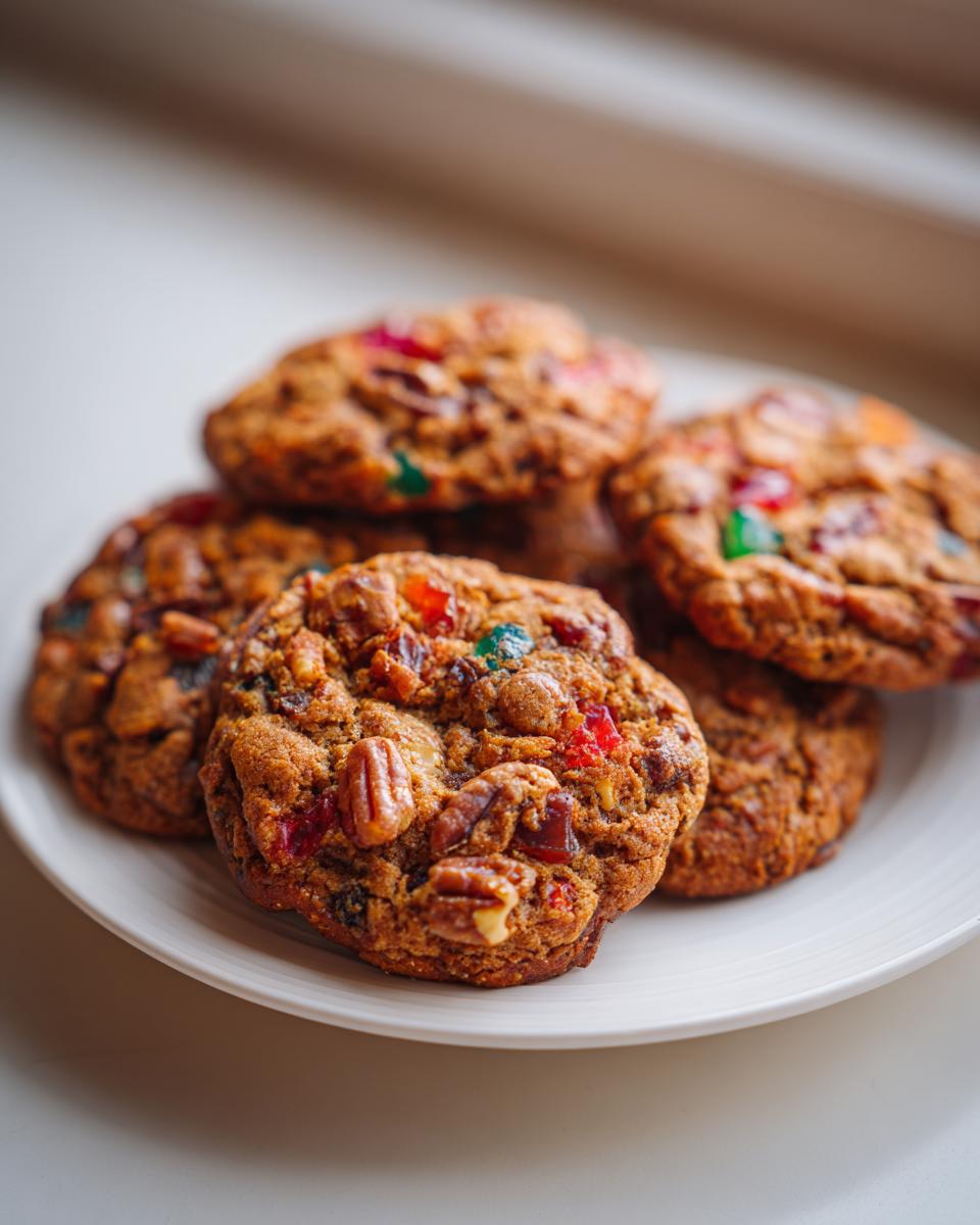 A close-up of several chewy fruitcake cookies loaded with candied fruit and pecans on a white plate.