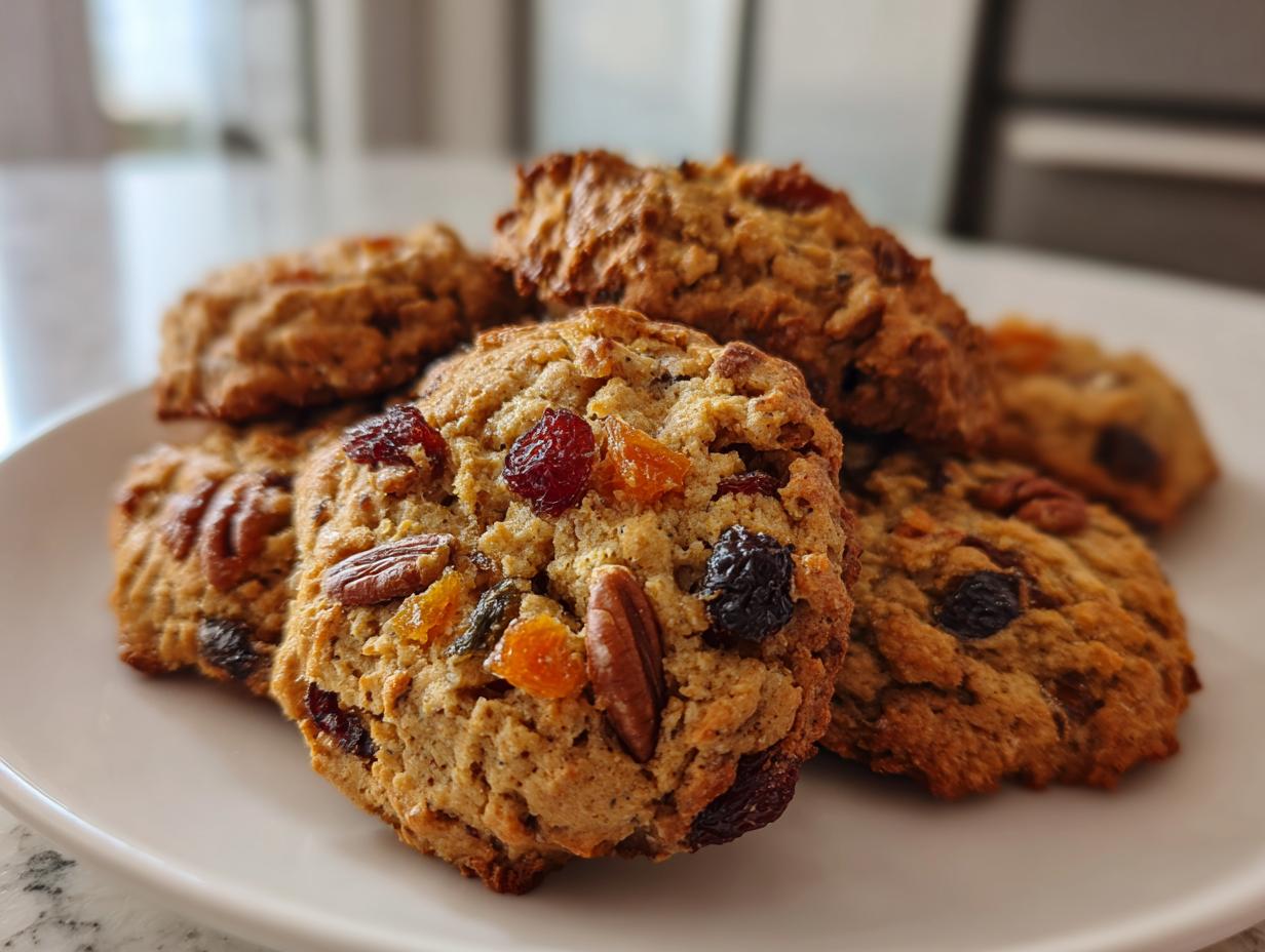 Close-up of several chewy fruitcake cookies loaded with dried fruit and pecans on a white plate.