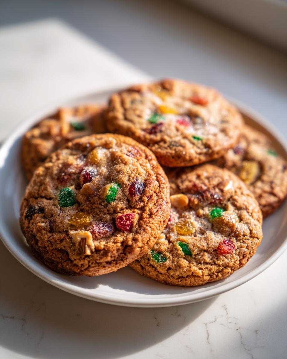 A close-up of several chewy fruitcake cookies studded with colorful candied fruit pieces on a white plate.